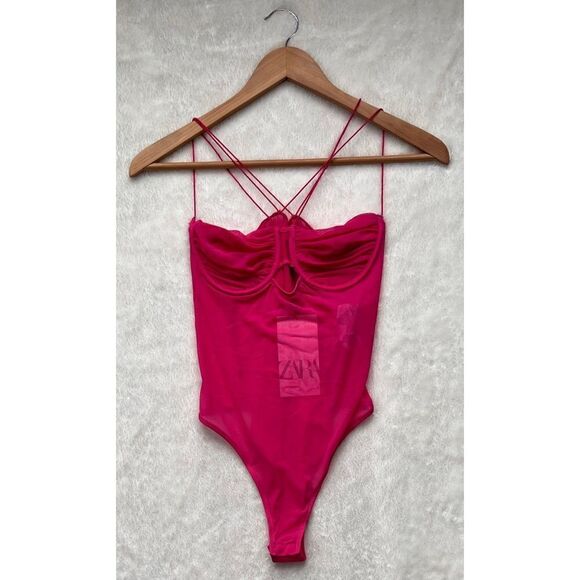 NWT Zara Fuchsia Tulle Semi-Sheer Bodysuit, Size Large - Picture 10 of 15